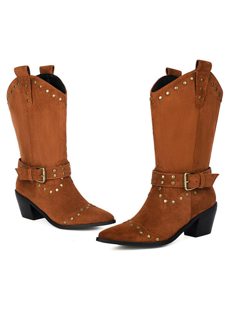 Flannelette Studded Wingtip Toe Chunky Heel Boots - vintage shoes, retro heels