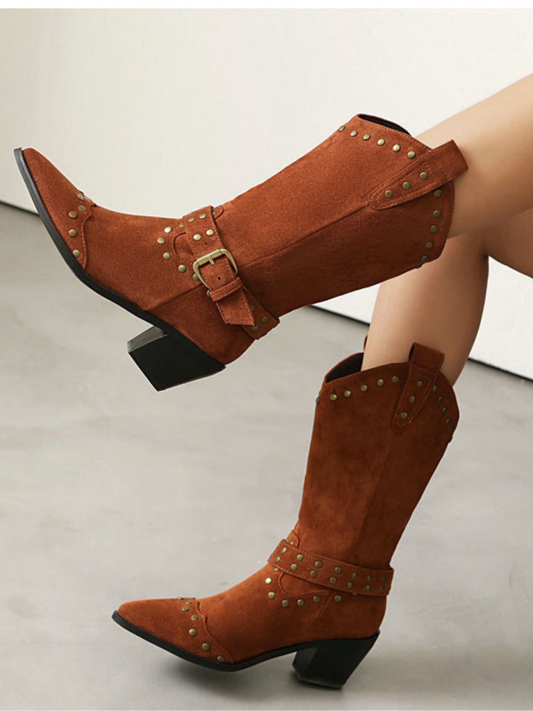 Flannelette Studded Wingtip Toe Chunky Heel Boots - vintage shoes, retro heels