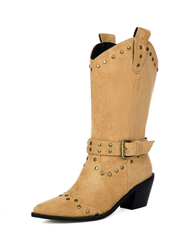 Flannelette Studded Wingtip Toe Chunky Heel Boots - vintage shoes, retro heels