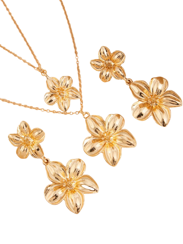 Floral Double Clavicle Necklace & Earrings Set - vintage fashion, retro style