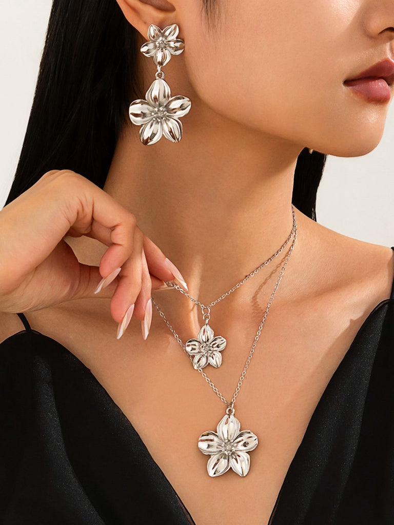 Floral Double Clavicle Necklace & Earrings Set - vintage fashion, retro style