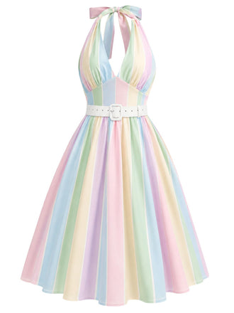 [Pre-Sale] 1950s Rainbow Striped Halter Belted Dress, vintage dress, retro fashion, rockabilly, pin-up fashion - perfect for women who love vintage and retro fashion