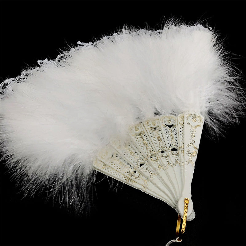 Fluffy Feather Pendants Folding Hand Fan - vintage fashion, retro style