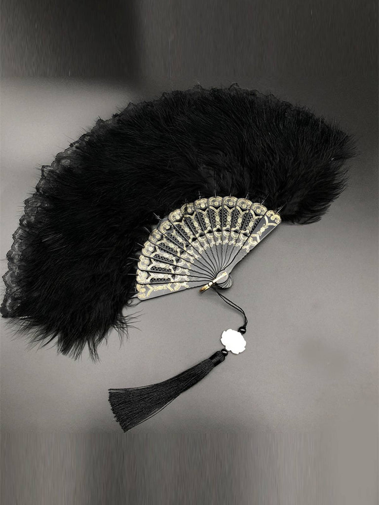 Fluffy Feather Pendants Folding Hand Fan - vintage fashion, retro style