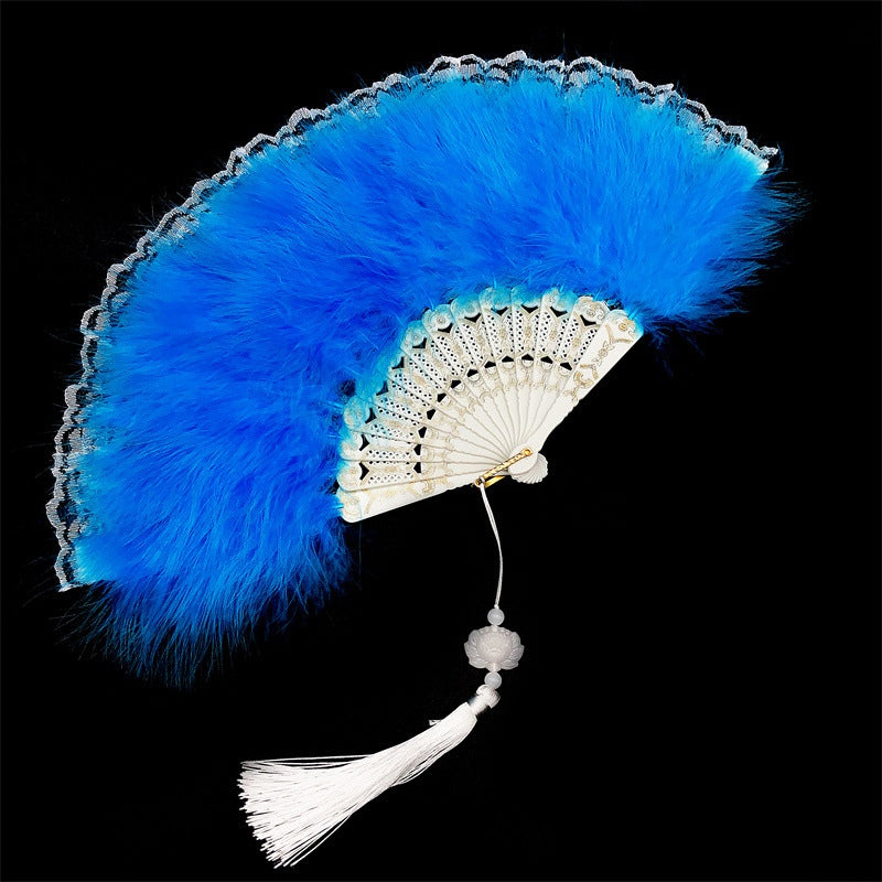 Fluffy Feather Pendants Folding Hand Fan - vintage fashion, retro style