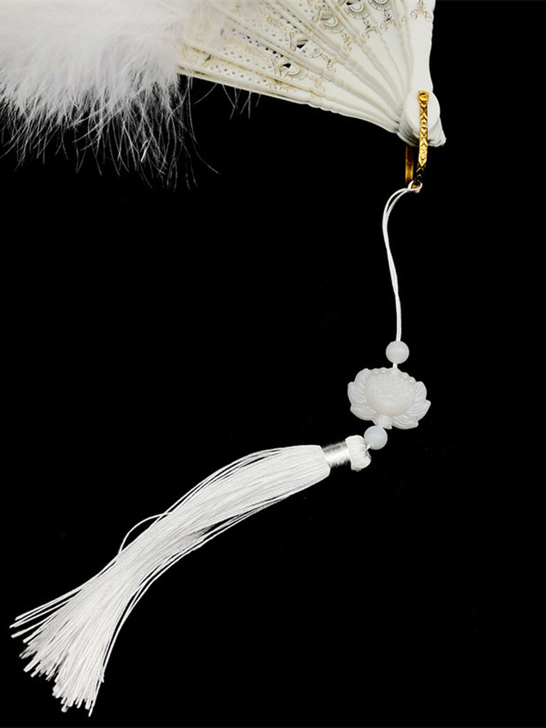 Fluffy Feather Pendants Folding Hand Fan - vintage fashion, retro style