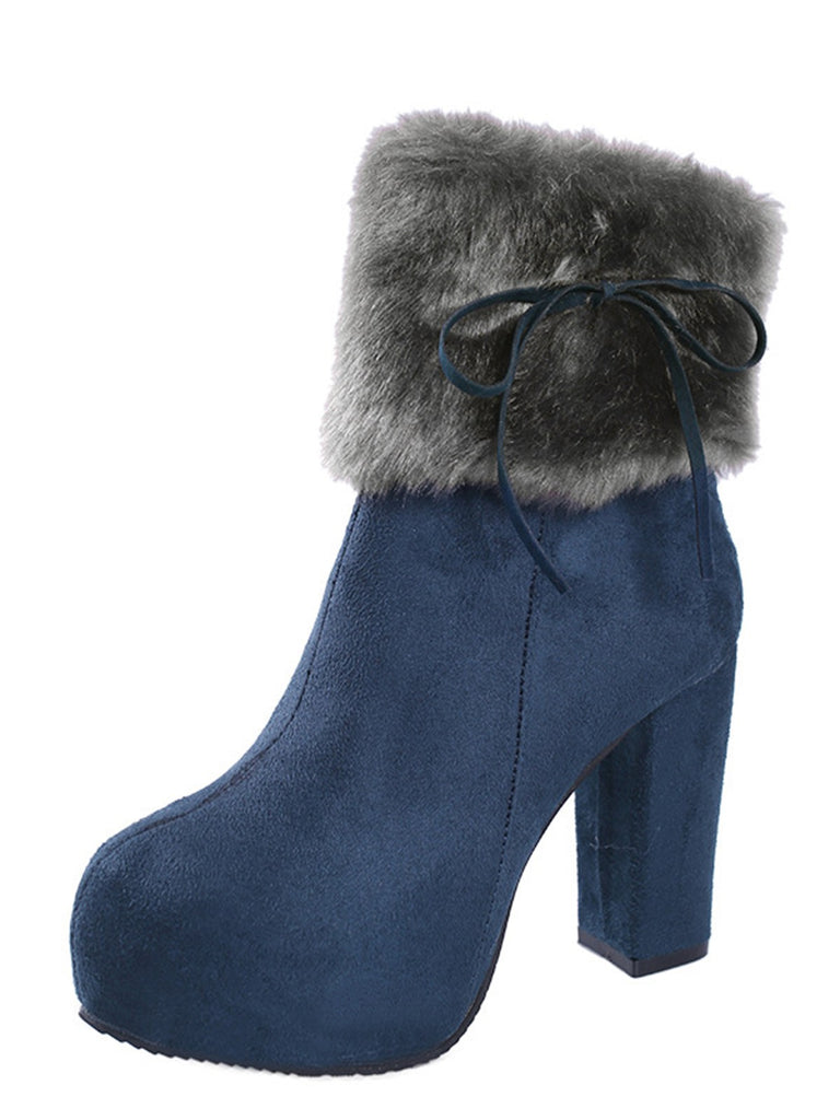 Furry Round Toe Zipper Chunky High Heel Platform Boots - vintage shoes, retro heels