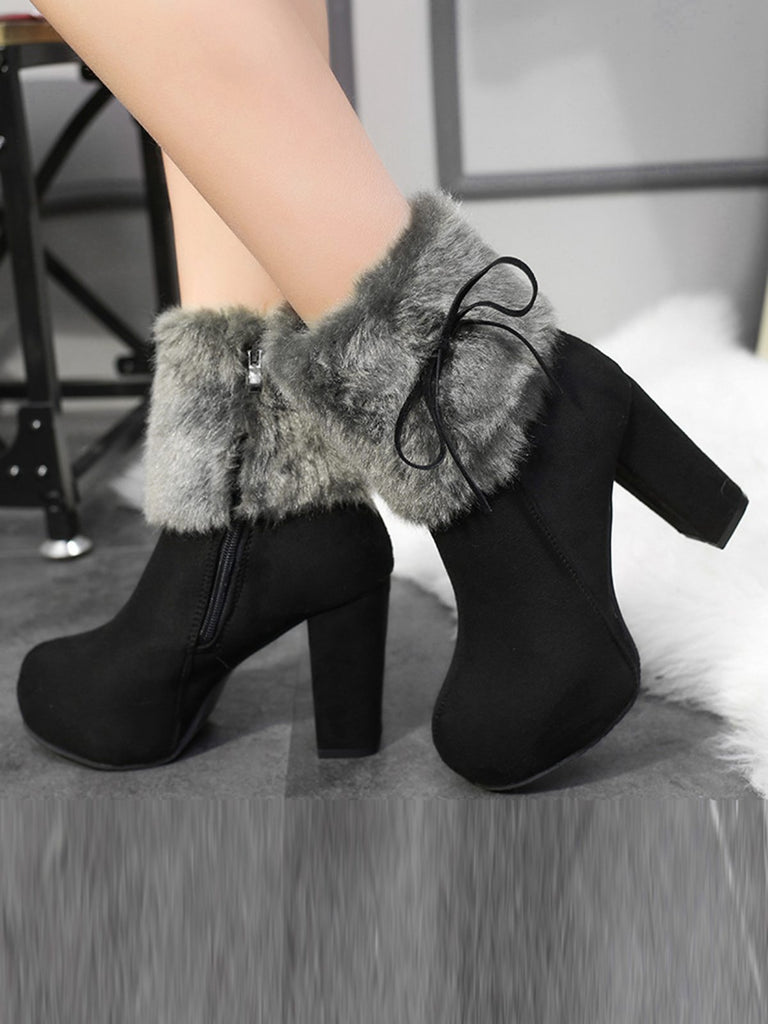 Furry Round Toe Zipper Chunky High Heel Platform Boots - vintage shoes, retro heels
