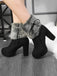Furry Round Toe Zipper Chunky High Heel Platform Boots - vintage shoes, retro heels