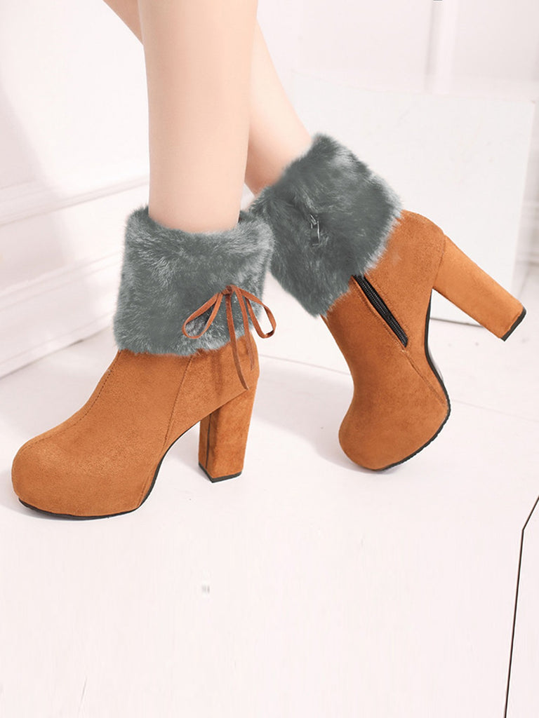 Furry Round Toe Zipper Chunky High Heel Platform Boots - vintage shoes, retro heels