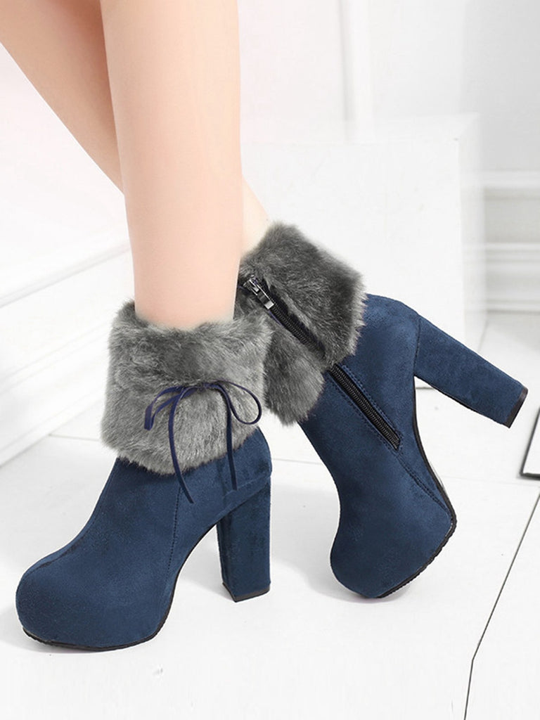 Furry Round Toe Zipper Chunky High Heel Platform Boots - vintage shoes, retro heels