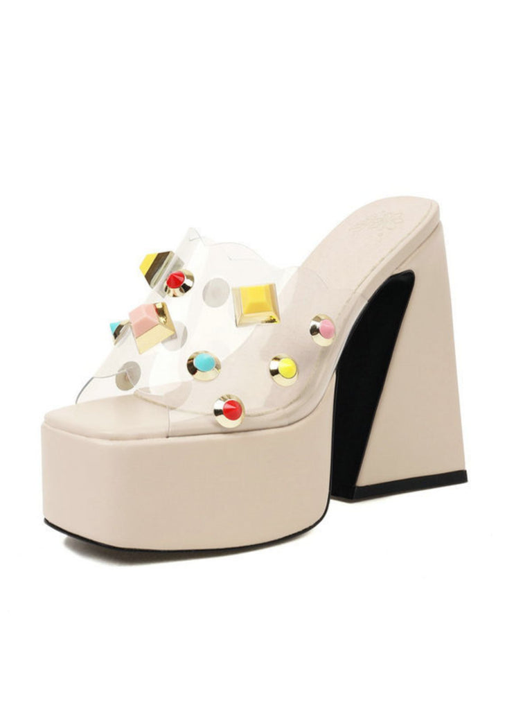 Gem Studded Transparent Chunky Heel Shoes - vintage shoes, retro heels