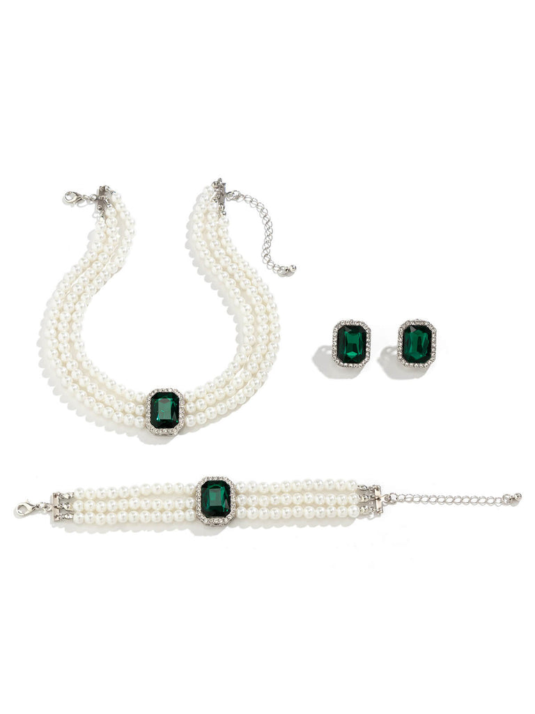 Gemstone Pearl Necklace & Bracelet & Earrings Set, vintage fashion, retro style - perfect for women who love vintage and retro fashion