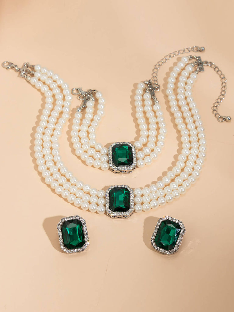 Gemstone Pearl Necklace & Bracelet & Earrings Set, vintage fashion, retro style - perfect for women who love vintage and retro fashion