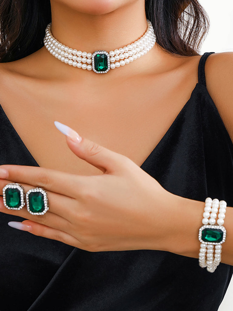 Gemstone Pearl Necklace & Bracelet & Earrings Set, vintage fashion, retro style - perfect for women who love vintage and retro fashion