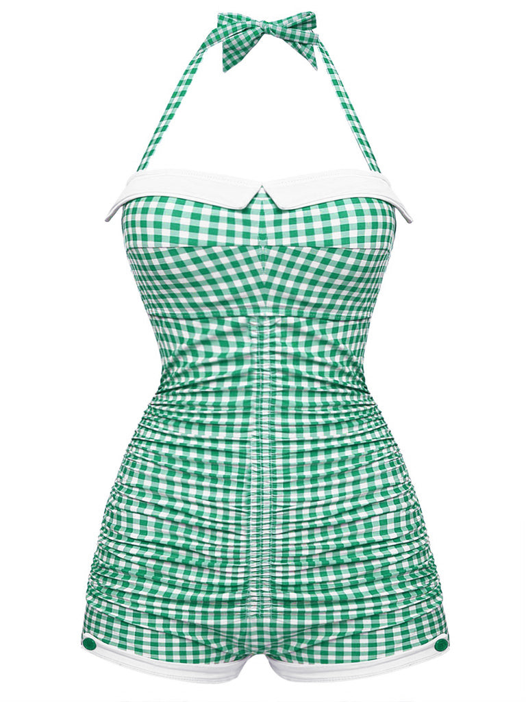 Gingham 1950s Halter Bowknot One-piece Swimsuit: beautiful vintage swimwear, retro swimsuit, pin-up style with timeless appeal