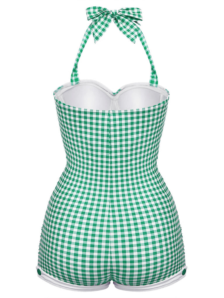 This Gingham 1950s Halter Bowknot One-piece Swimsuit carries 1950s vacation dreams in every stitch