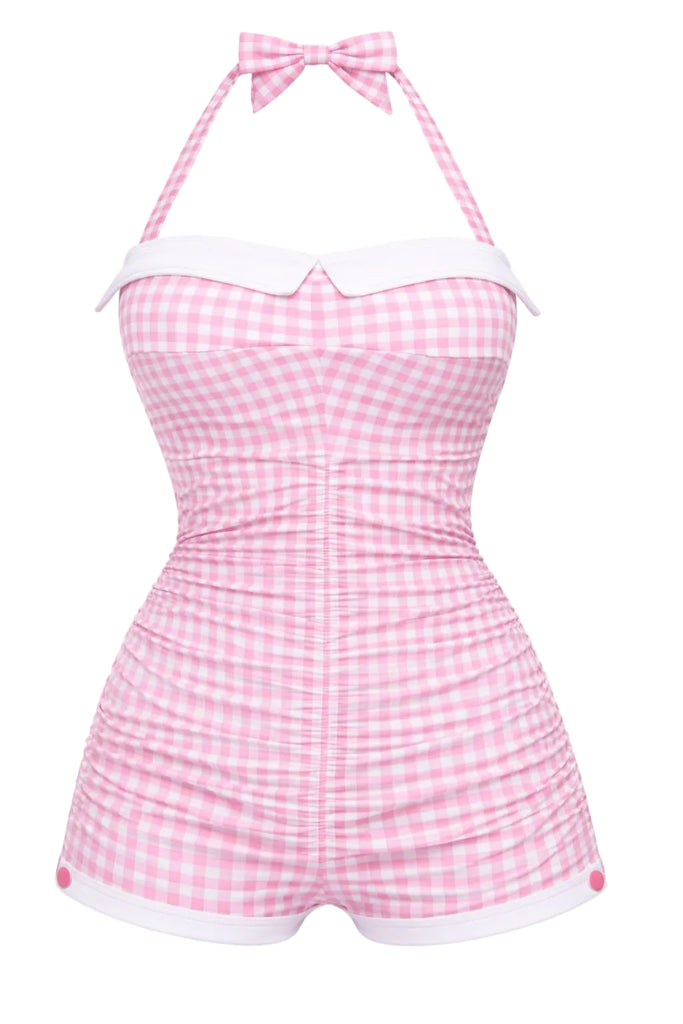 Gingham 1950s Halter Bowknot One-piece Swimsuit - vintage swimwear, retro swimsuit, pin-up style for vintage lovers