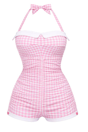 Gingham 1950s Halter Bowknot One-piece Swimsuit - vintage swimwear, retro swimsuit, pin-up style for vintage lovers