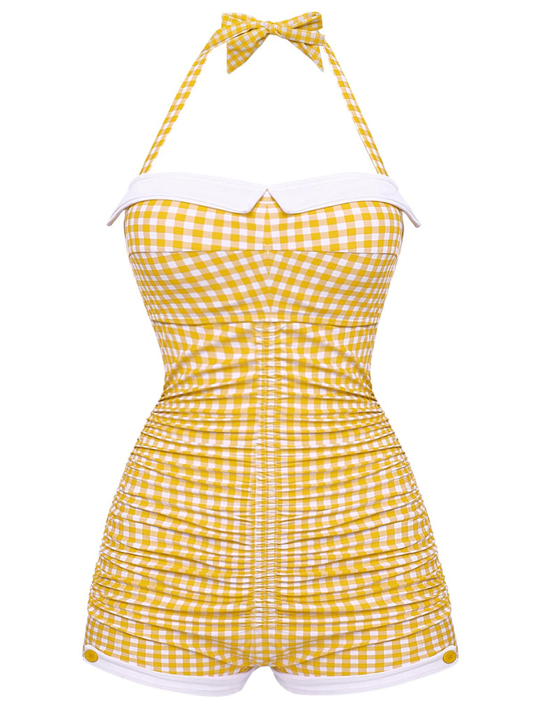 Gingham 1950s Halter Bowknot One-piece Swimsuit - vintage swimwear, retro swimsuit, pin-up style for vintage lovers