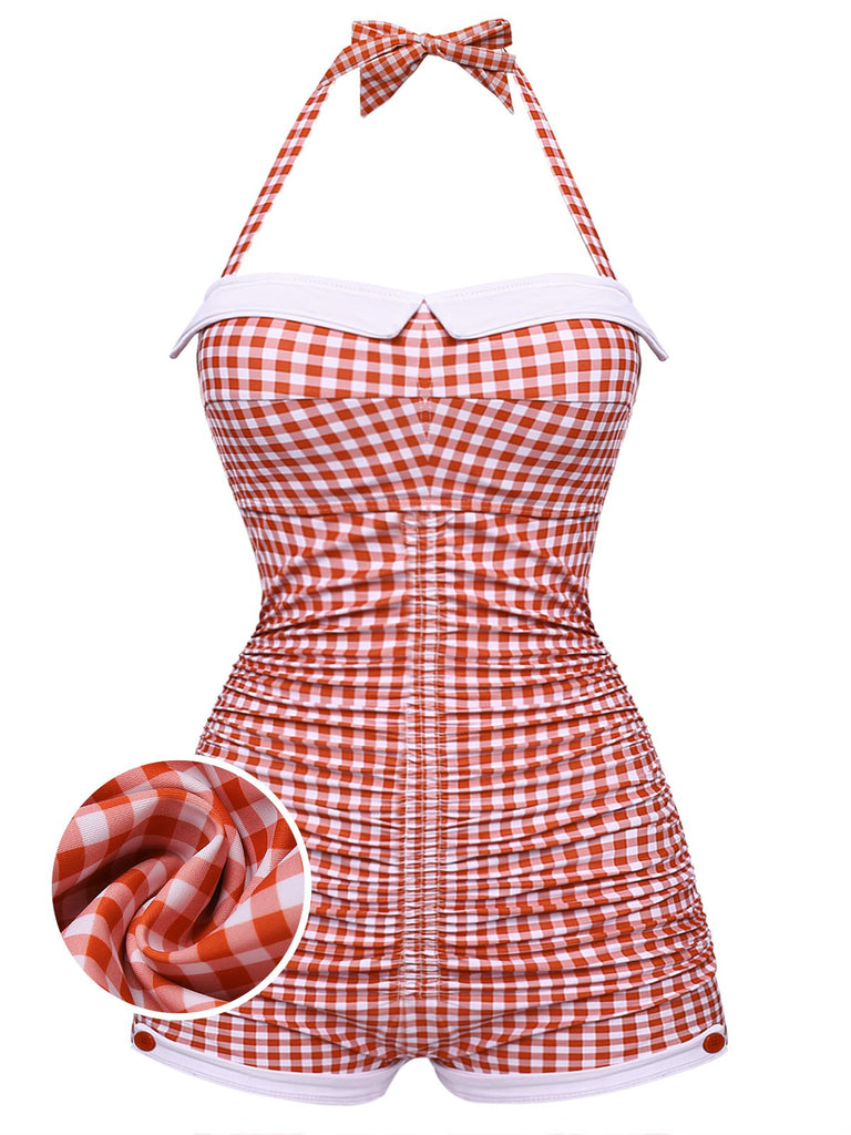 Gingham 1950s Halter Bowknot One-piece Swimsuit | vintage swimwear, retro swimsuit, pin-up style - perfect for retro fashion enthusiasts