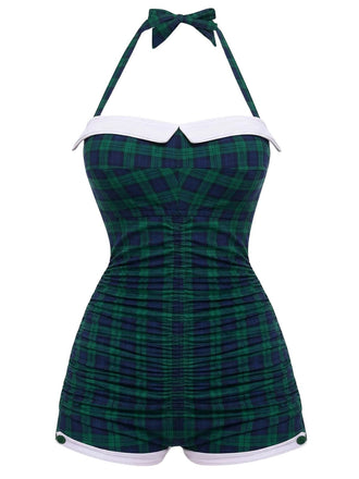 - Gingham 1950s Halter Bowknot One-piece Swimsuit - vintage swimwear, retro beach style for women