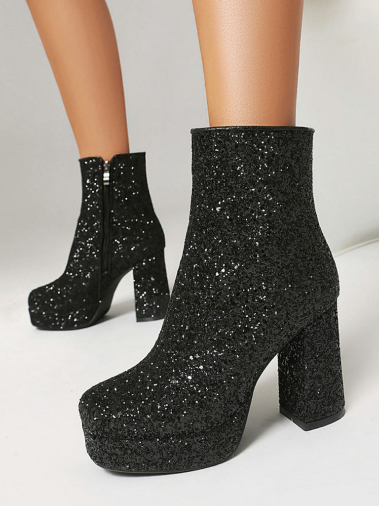 Glitter Platform Ankle Block Heel Boots - vintage shoes, retro heels
