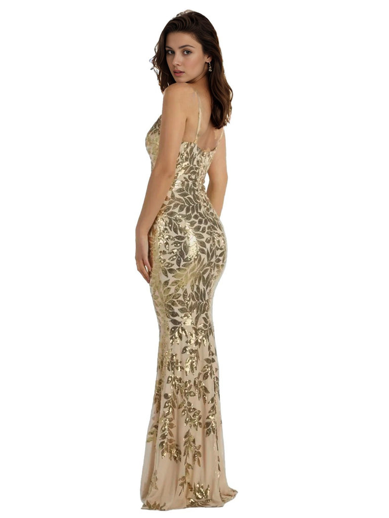 Gold 1920s Leaves Sequined Mesh Fishtail Dress - vintage dress, retro fashion, Gatsby party