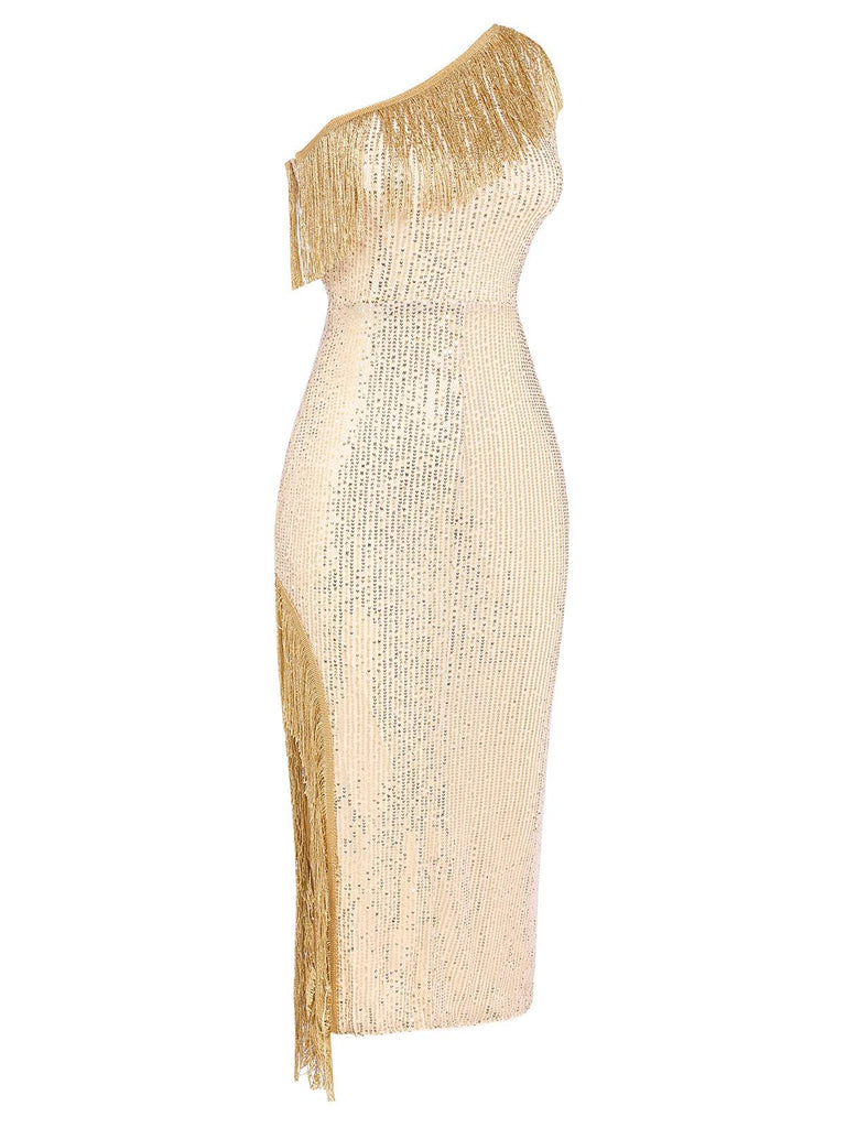 Gold 1920s One Shoulder Sequined Tassel Dress, vintage dress, retro fashion, Gatsby party, flapper style - perfect for women who love vintage and retro fashion