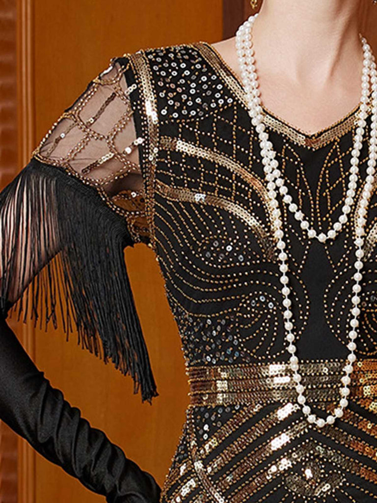Gold 1920s Sequin Tassel V-Neck Maxi Dress - vintage dress, retro fashion, Gatsby party