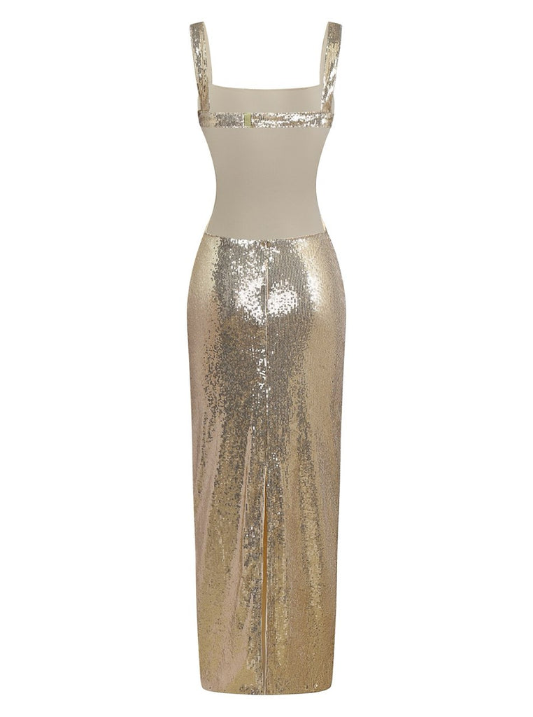 Gold 1920s Sequined Backless Evening Maxi Dress - vintage dress, retro fashion, Gatsby party