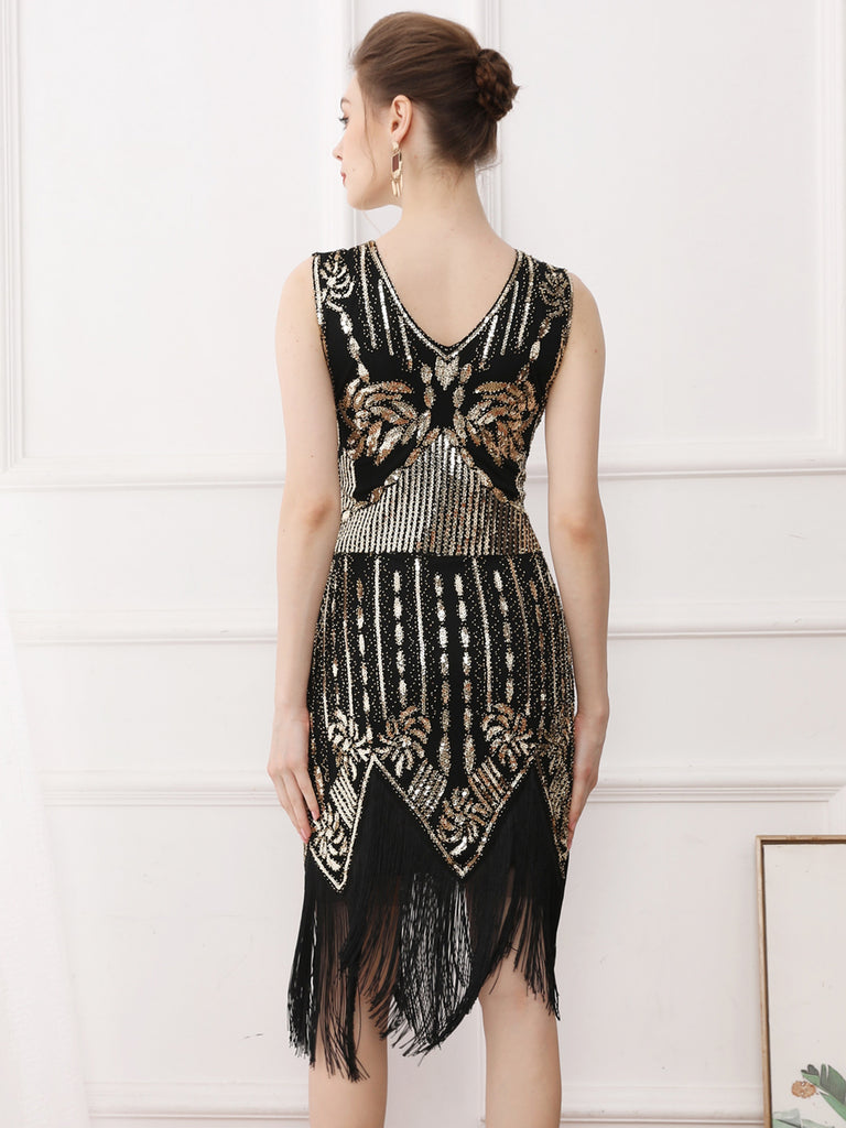 Gold 1920s Tassel Sequined Sleeveless Gatsby Dress: where 1920s romance meets her modern spirit