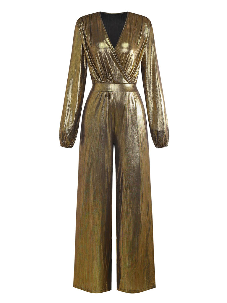 Gold 1930s Metallic Fabric V-Neck Jumpsuit - vintage jumpsuit, retro fashion, glamorous gold