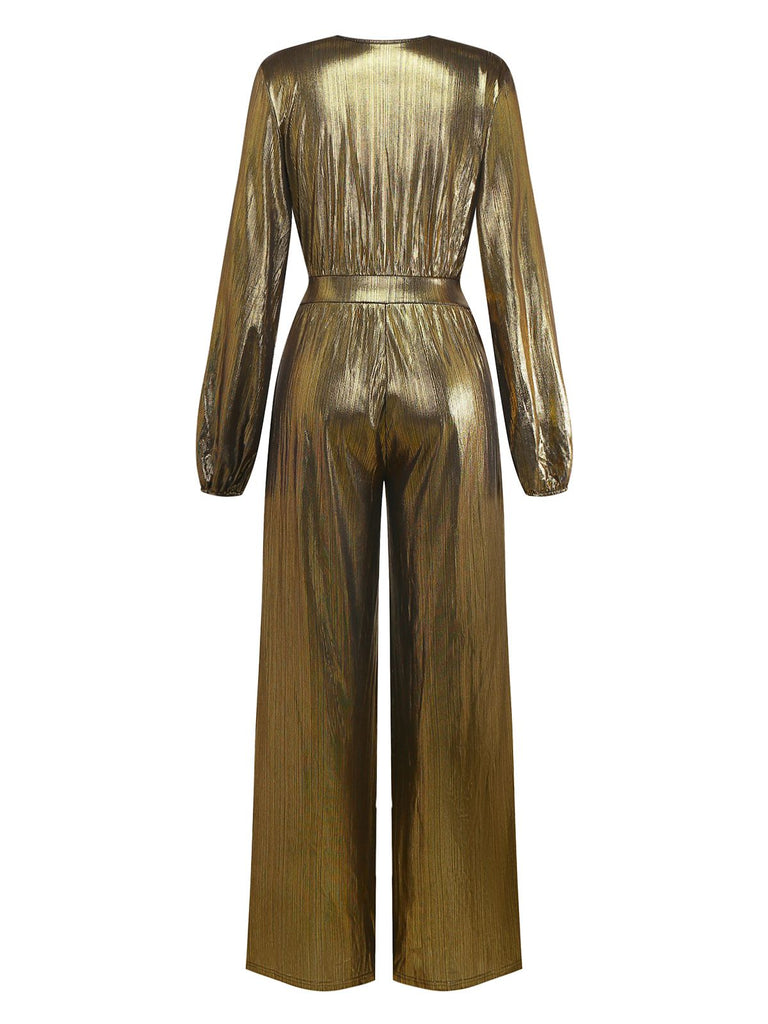 Gold 1930s Metallic Fabric V-Neck Jumpsuit - vintage jumpsuit, retro fashion, glamorous gold