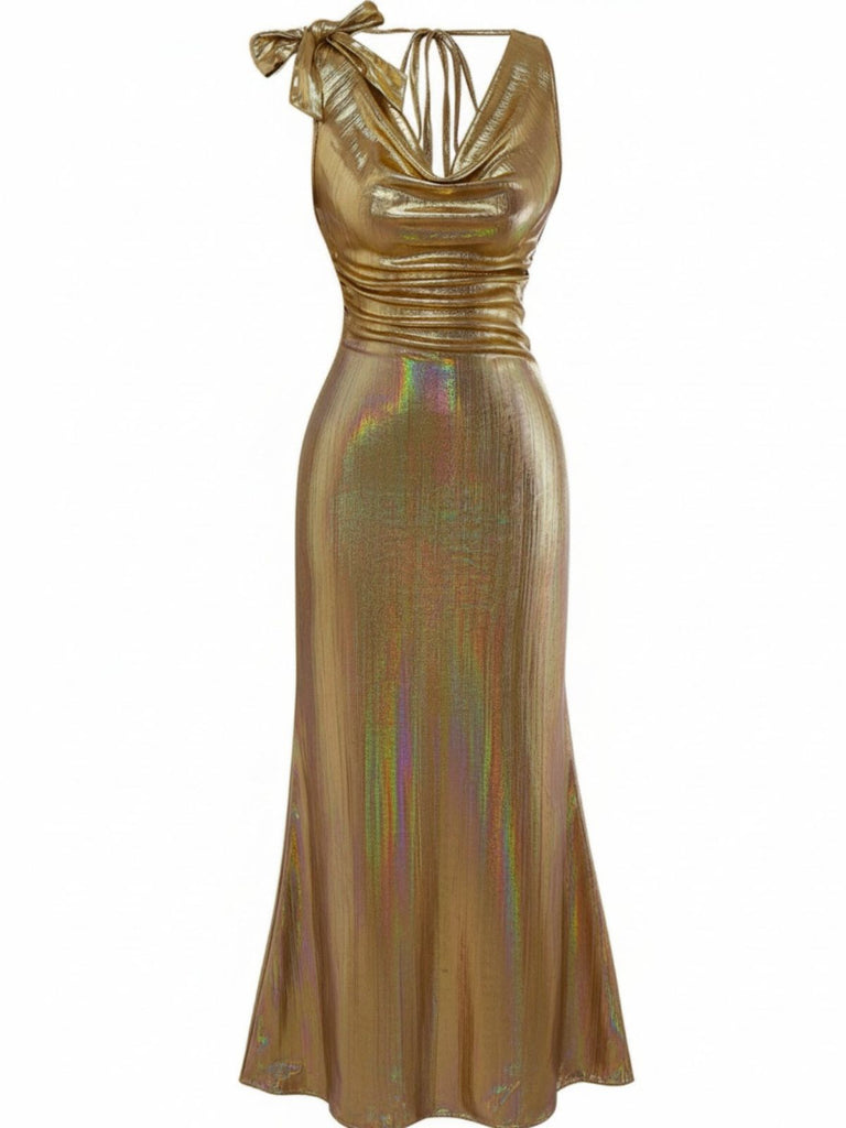 Gold 1930s Metallic Textured Bow Cowl Neck Dress - vintage dress, retro fashion, elegant red