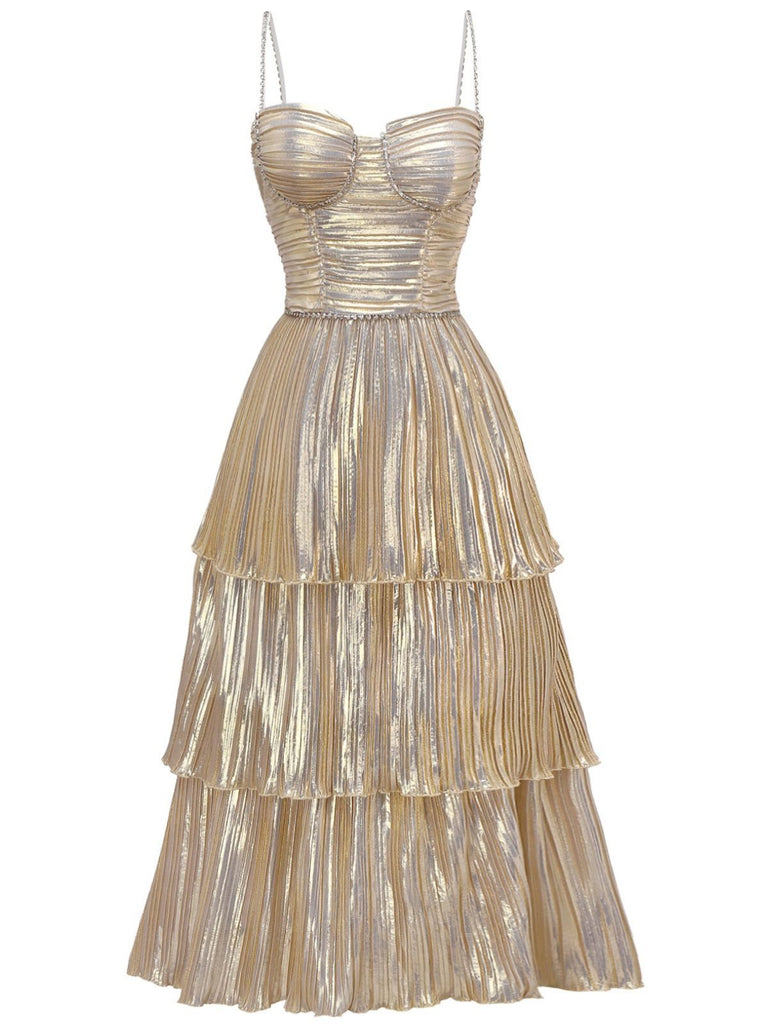 Gold 1930s Metallic Tiered Spaghetti Strap Dress - vintage dress, retro fashion, elegant red