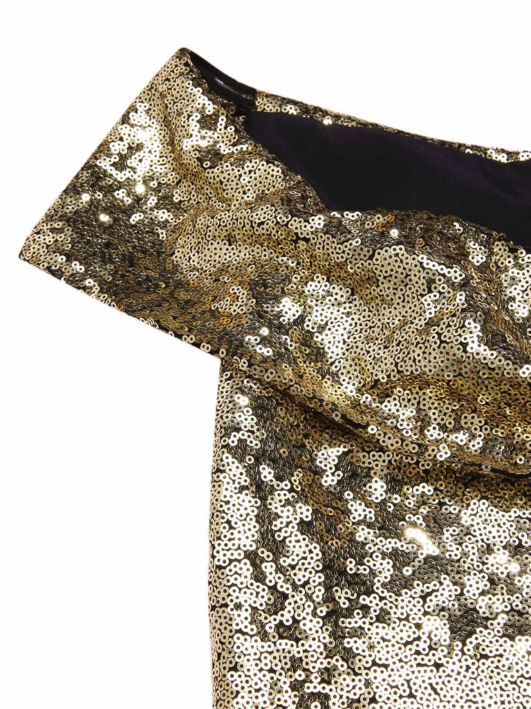 Gold 1950s Off-Shoulder Sequined Swing Dress - vintage dress, retro fashion, rockabilly