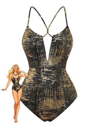 Gold 1970s Distressed Metallic Deep V-Neck One-Piece Swimsuit - vintage swimsuit, pin-up swimwear for vintage lovers