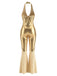Gold 1970s Disco Sequined Halter Flared Jumpsuit - vintage jumpsuit, retro fashion, elegant red