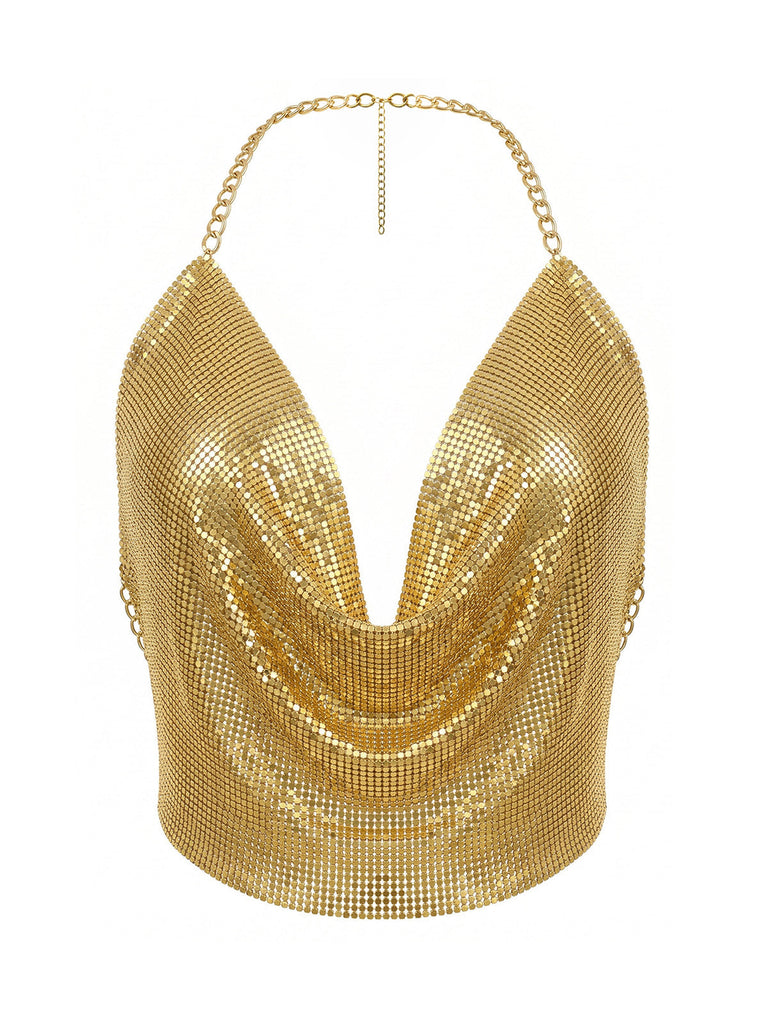 Gold-1970s-Draped-Cowl-Neck-Metallic-Chain-Halter-Top, vintage, retro