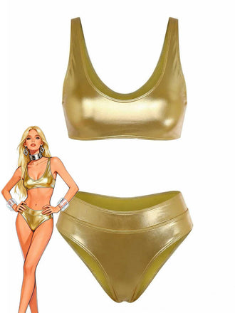 Gold 1970s Metallic High-Waist Bikini Set - vintage swimwear, retro swimsuit, pin-up style for vintage lovers