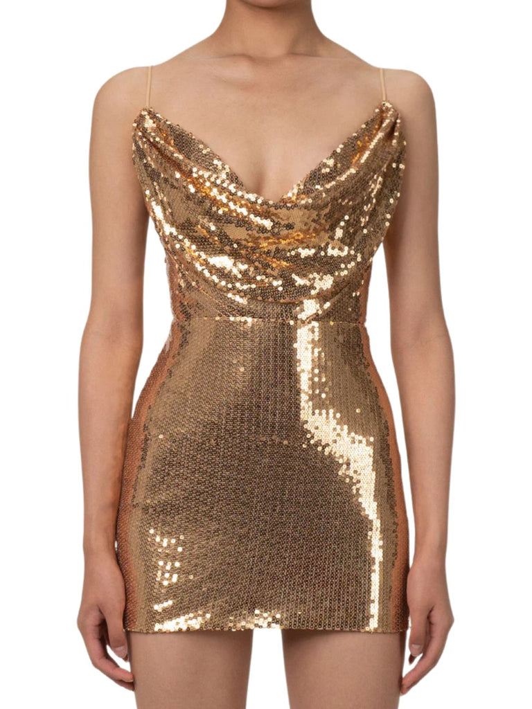 Gold 1970s Solid Sequined Mini Party Dress - vintage dress, retro fashion, glamorous gold
