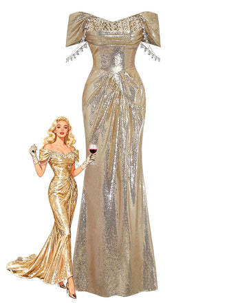 Gold 1980s Off-Shoulder Sequin Party Dress - vintage dress, retro fashion, glamorous gold