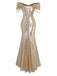 Gold 1980s Off-Shoulder Sequin Party Dress - vintage dress, retro fashion, glamorous gold