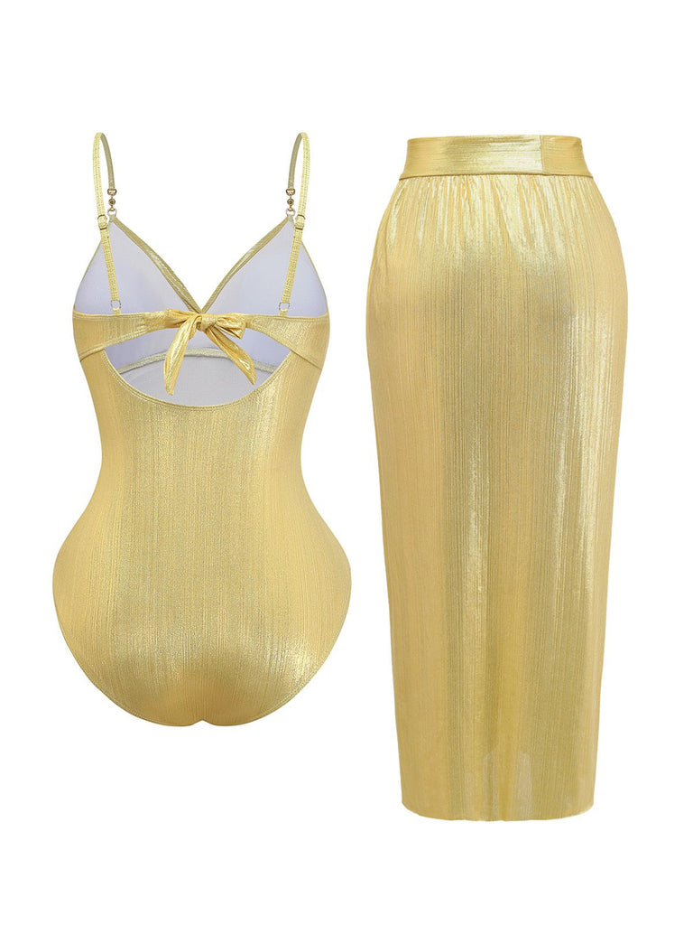 Gold 1980s Ruched One-Piece Swimsuit & Cover Up - vintage swimsuit, pin-up style, glamorous gold