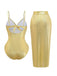 Gold 1980s Ruched One-Piece Swimsuit & Cover Up - vintage swimsuit, pin-up style, glamorous gold