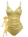 Gold 1980s Ruched One-Piece Swimsuit & Cover Up - vintage swimsuit, pin-up style, glamorous gold