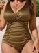 [Plus Size] Gold 1980s Solid Plunging Ruched Swimsuit, vintage swimsuit, pin-up swimwear - perfect for women who love vintage and retro fashion