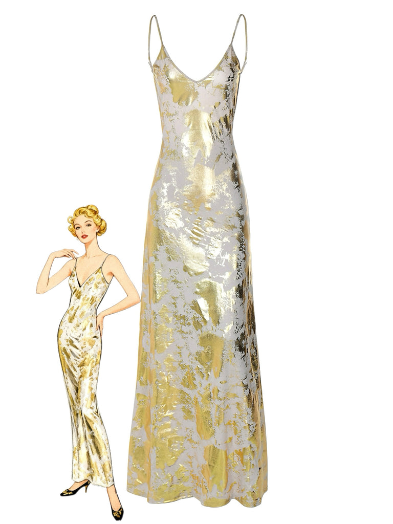Gold 1980s Spaghetti Strap V-Neck Foil Print dress - vintage dress, retro fashion, glamorous gold