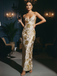 Gold 1980s Spaghetti Strap V-Neck Foil Print dress - vintage dress, retro fashion, glamorous gold